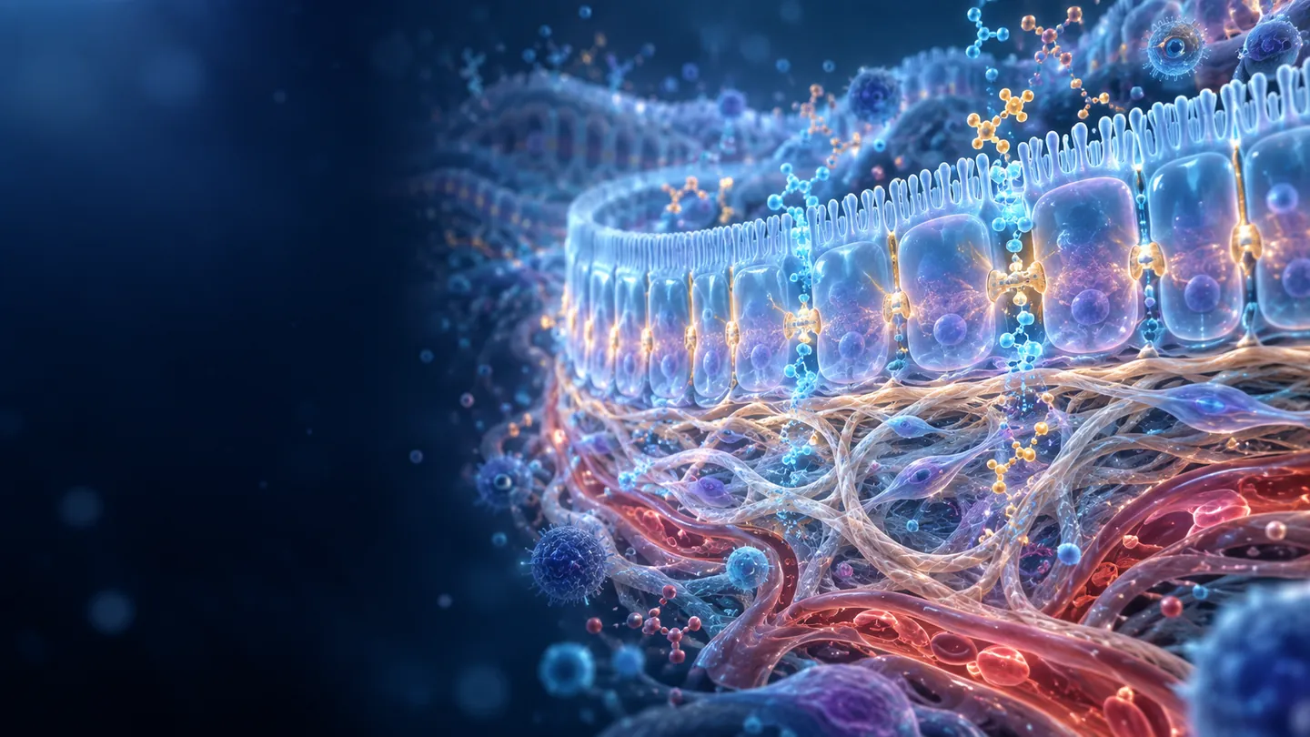 Capa epitelial translúcida con microcirculación sobre fondo azul
