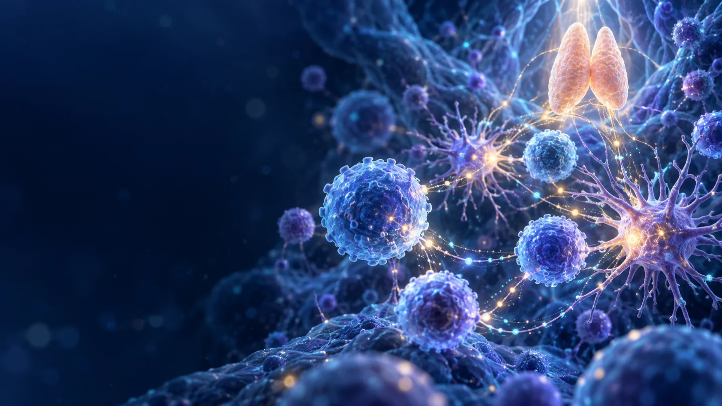 Escena científica para Thymosin Alpha-1: Puente celular entre inmunidad innata y adaptativa