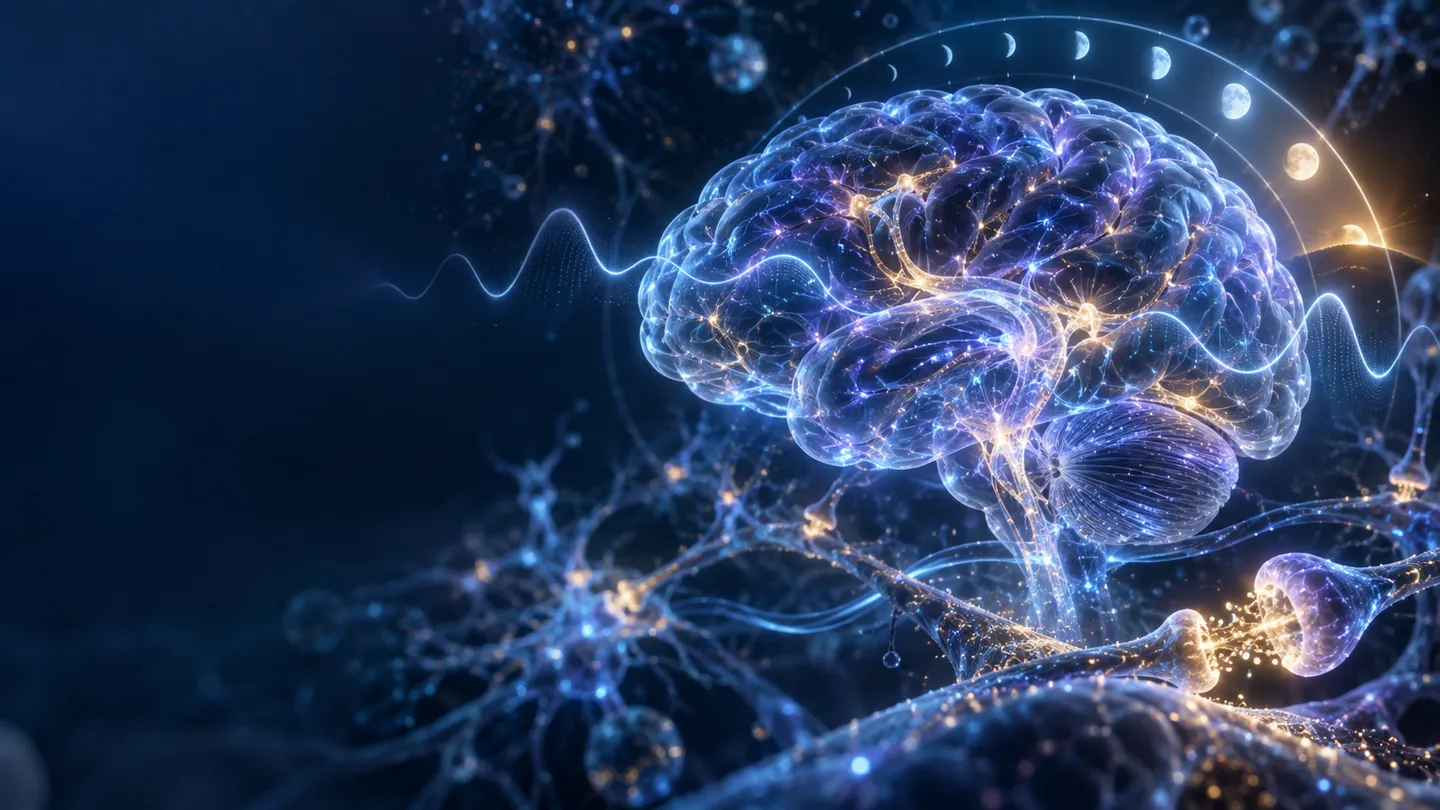Escena científica para Selank: Constelación cerebral equilibrada con circuitos GABAérgicos