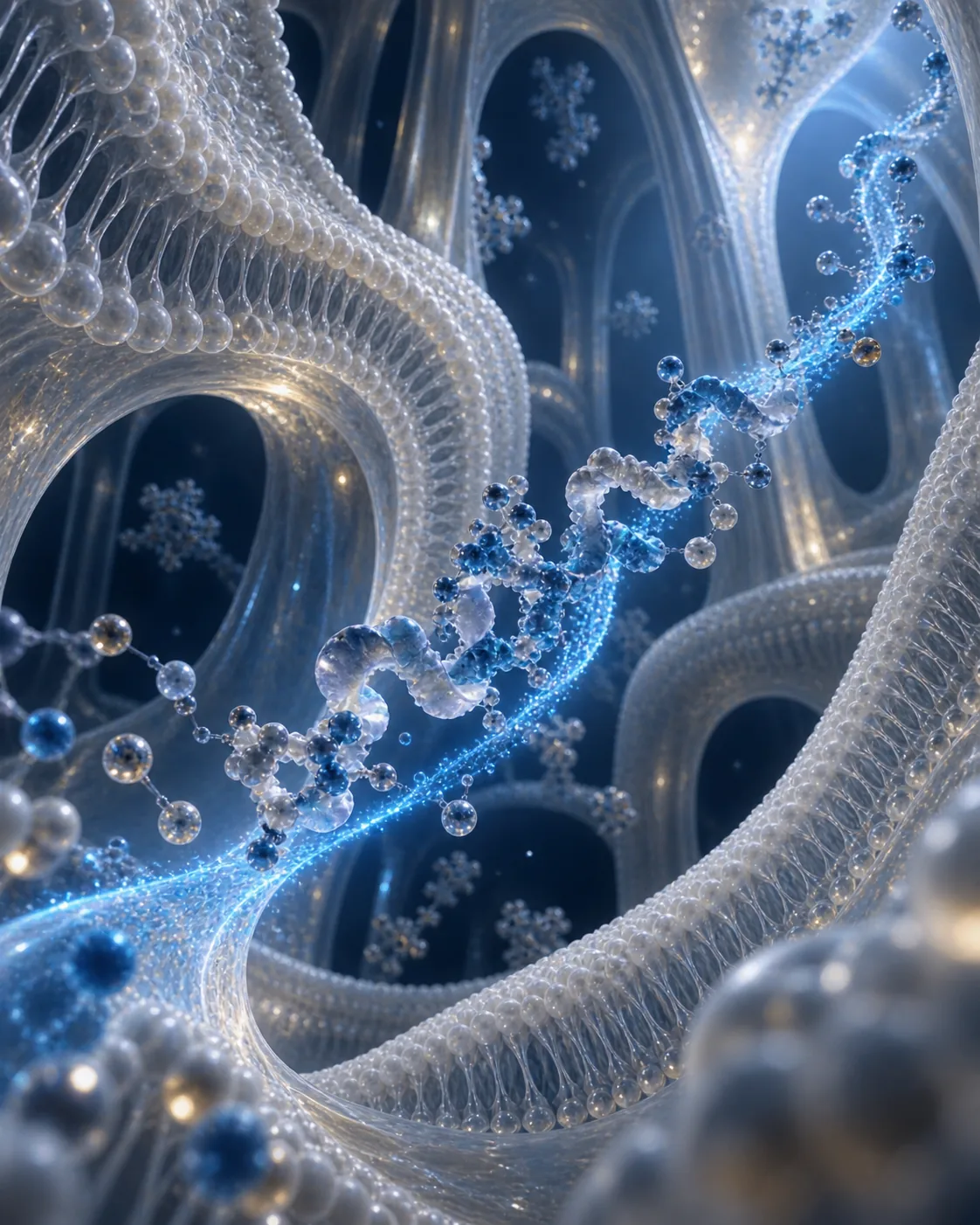 Arquitectura biomolecular abstracta en azul profundo