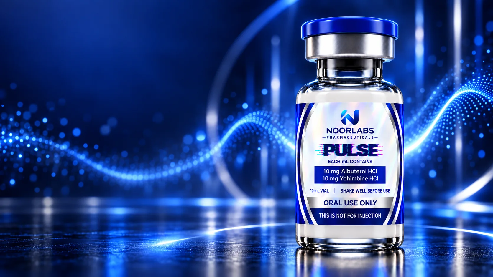 Vial de PULSE de NOORLABS con señal luminosa sobre fondo azul profundo