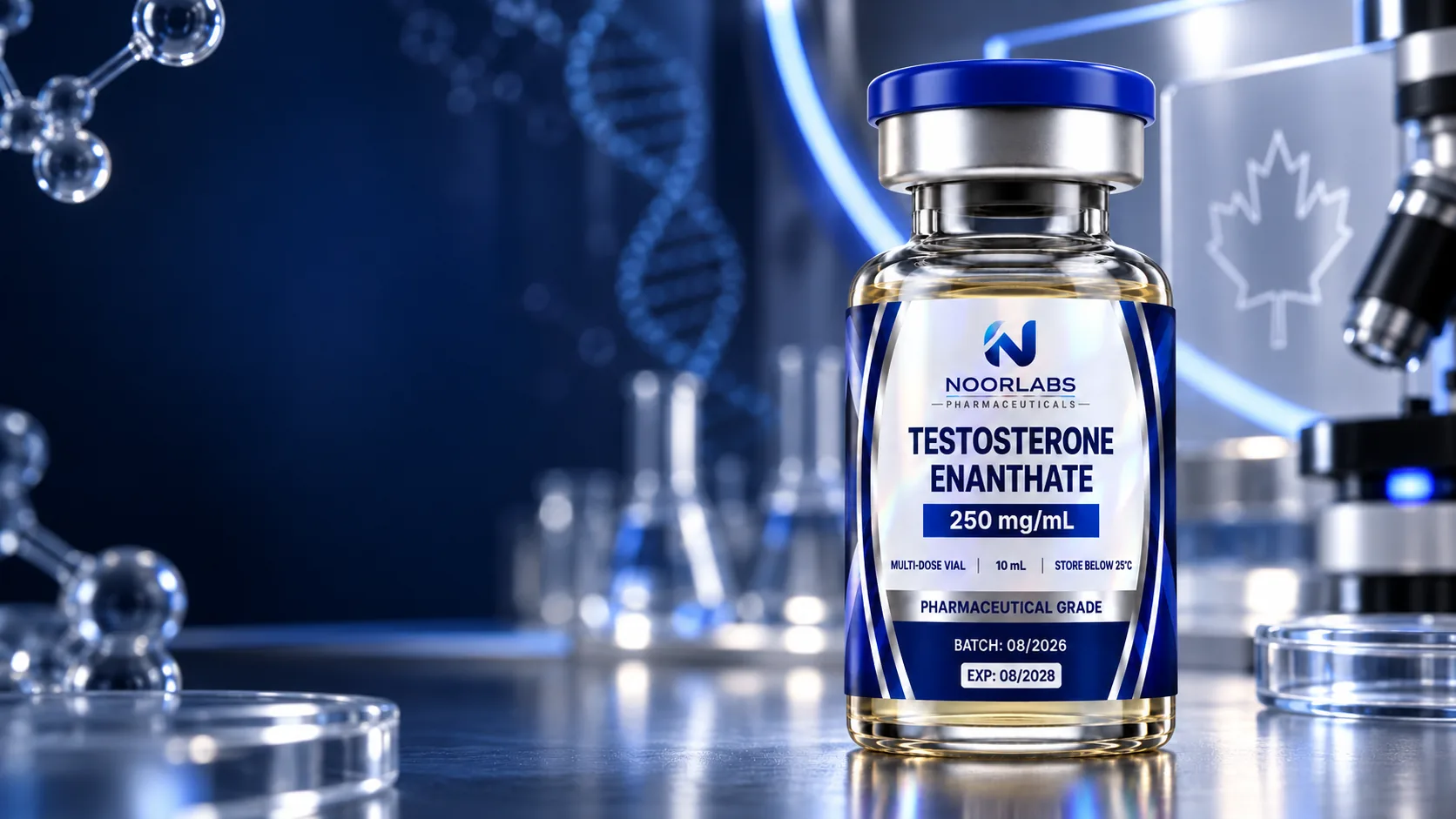 Vial de Testosterone Enanthate de NOORLABS junto a material de laboratorio sobre fondo azul